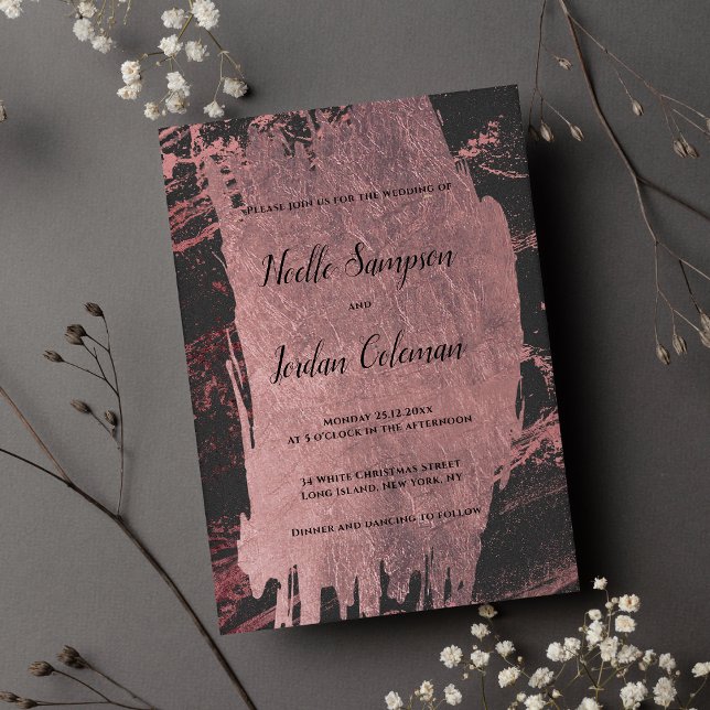 Glam Schwarze Rose Goldschmiedehacke Marmor Hochze Einladung (Glam black rose gold brush stroke marble wedding )