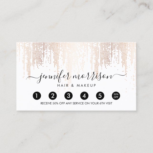 Glam Script Rose Gold Confetti Rain Loyalität Treuekarte (Vorderseite)