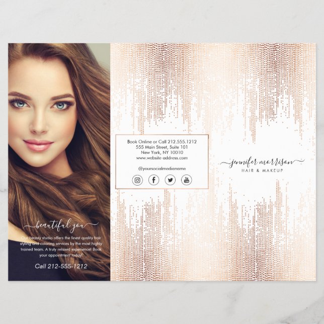 Glam Script Rose Gold Confetti Rain Tri-Fold Flyer (Vorne)