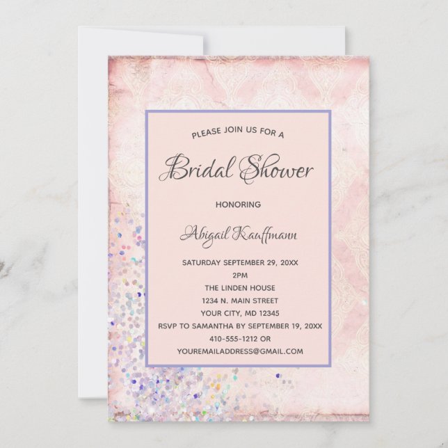 Glam Shabby Chic Pink Weiß Lila Glitzern Bridal Einladung (Vorderseite)