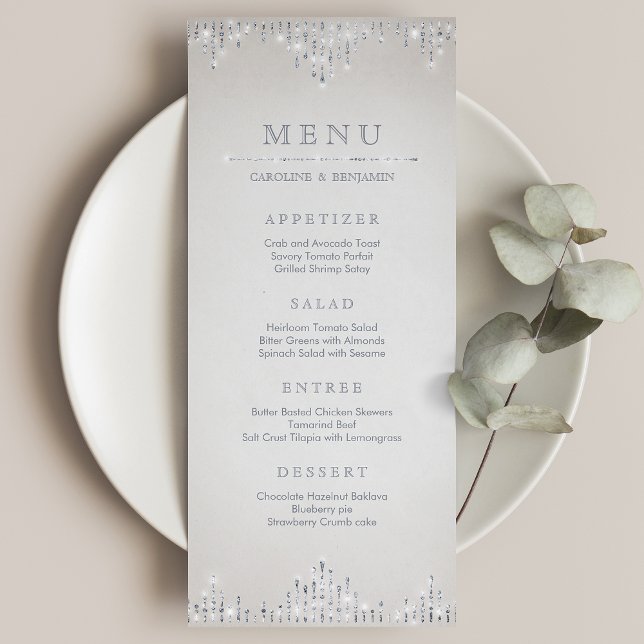 Glam silber Glitzer Deko Jahrgang Hochzeitsmenü Menükarte (Glam silver glitter deco vintage wedding menu)