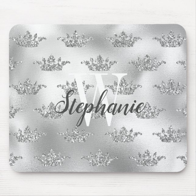 Glam Silberfolie Glitter-Kronen-Muster Monogramm Mousepad (Vorne)