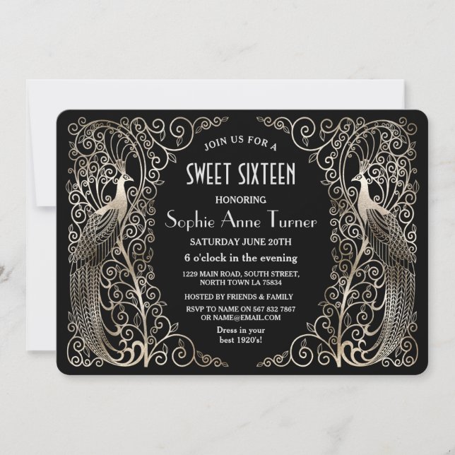 Glam Silver Art Deco Friedenssicherungen 16 . Gebu Einladung (Vorderseite)