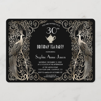 Glam Silver Art Deco Peacocks Birthday Tee Party Einladung
