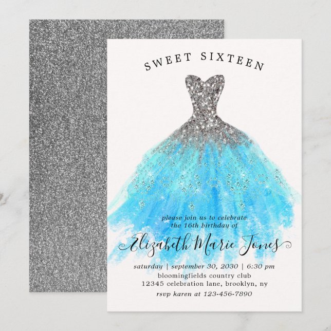 Glam Silver Blue Sparkle Dress Sweet 16. Geburtsta Einladung (Vorne/Hinten)