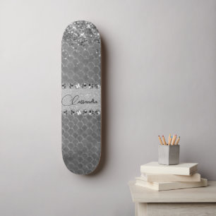 Glam Silver Glitt Diamond Bling Skateboard