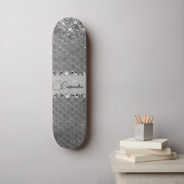 Glam Silver Glittery Diamond Bling Skateboard (Wandkunst)