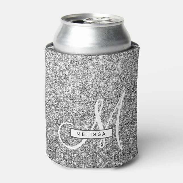 Glam Silver Glitzer Benutzerdefiniert Mit Monogram Dosenkühler (Kanne Vorderseite)