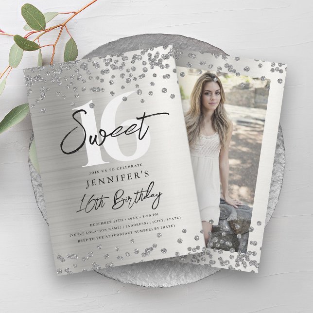 Glam Silver Glitzer Foto Sweet 16 Party Einladung (Glam Silver Glitter Photo Sweet 16 Party Invitation)