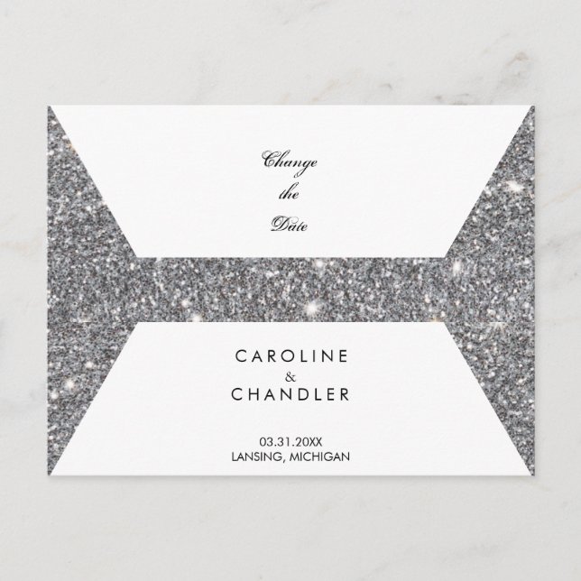 Glam Silver Glitzer Hochzeit ändern das Datum Ankündigungspostkarte (Vorderseite)