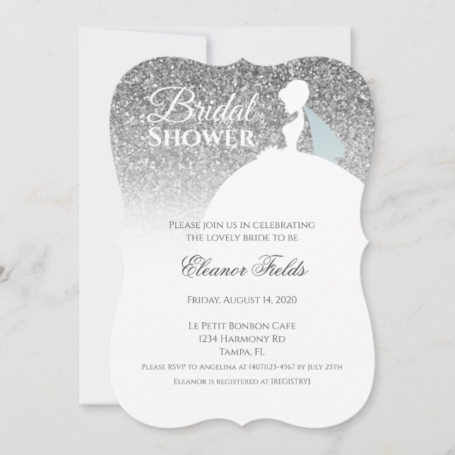 Glam Silver Glitzer mit weißem Dress Brautparty Einladung (Vorderseite)