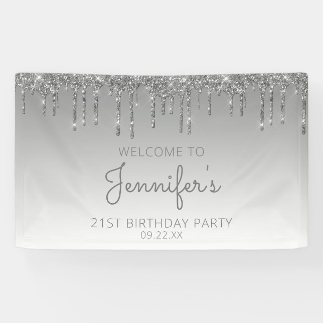 Glam Silver Glitzer Tropfen 21. Geburtstag Party Banner (Horizontal)