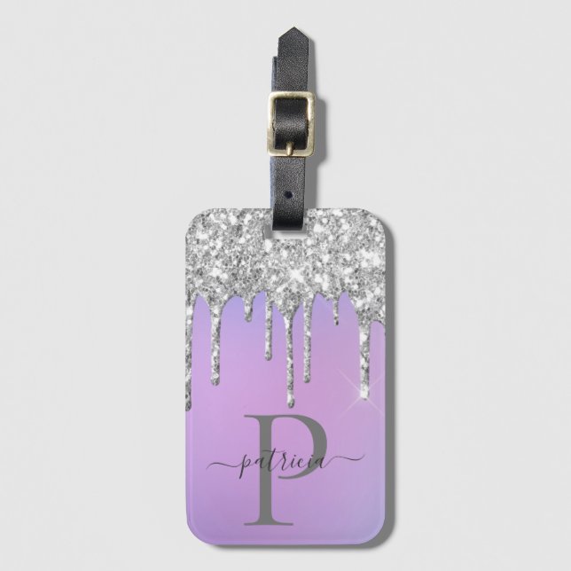 Glam Silver Glitzer Tropfen Elegantes Monogramm Gepäckanhänger (Vorderseite Vertikal)