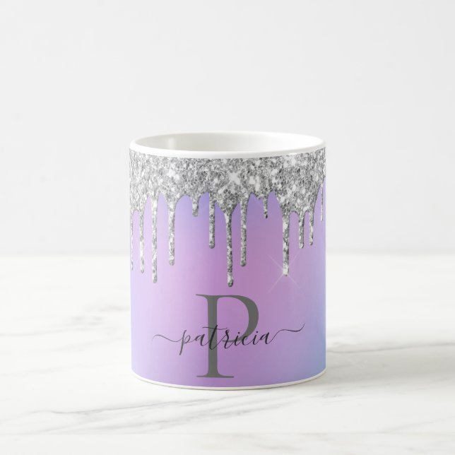 Glam Silver Glitzer Tropfen Elegantes Monogramm Kaffeetasse (Mittel)