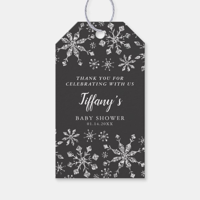 Glam Silver Glitzer Winter Wonderland Babydusche Geschenkanhänger (Vorderseite)