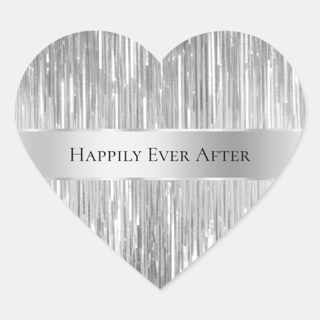 Glam Silver Glitzy Stripes Wedding Herz-Aufkleber (Vorderseite)