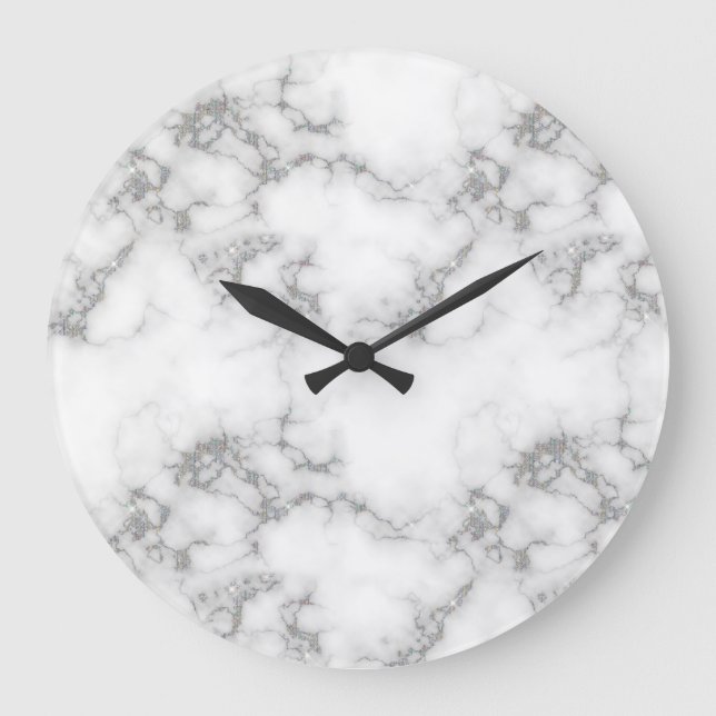 Glam Silver Gray Glitzer Marmormuster Große Wanduhr (Vorderseite)