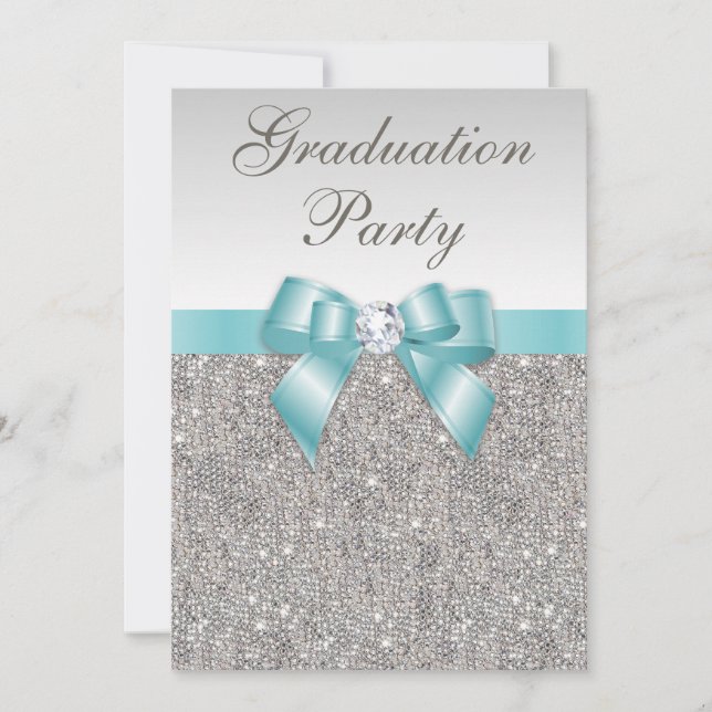 Glam Silver Jewels Aquamarin Bow Girls Graduation  Einladung (Vorderseite)