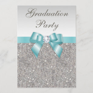 Glam Silver Jewels Aquamarin Bow Girls Graduation Einladung