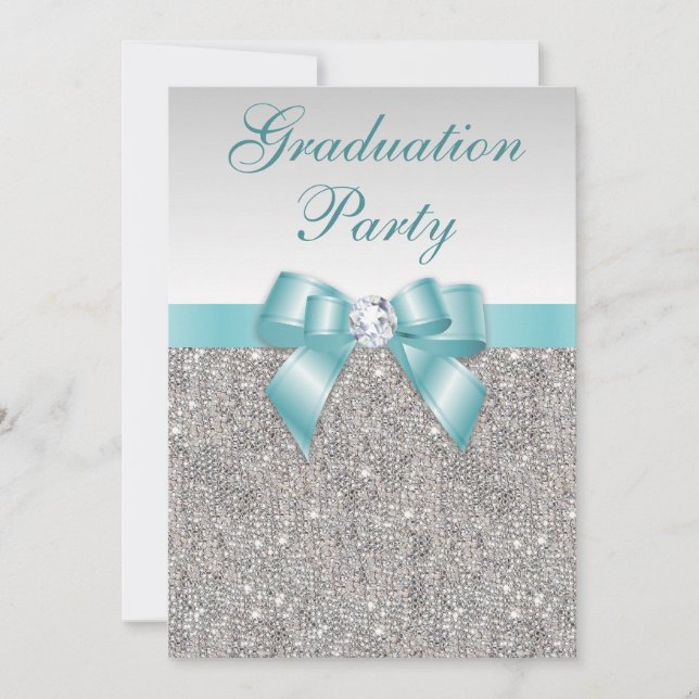 Glam Silver Jewels Aquamarin Bow Girls Graduation  Einladung (Vorderseite)