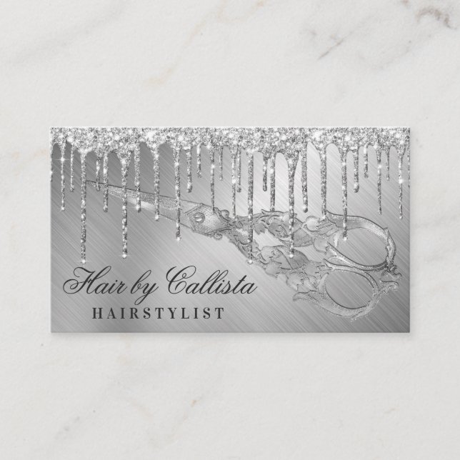 Glam Silver Metallic Glitzer Tropfen Haarschere Visitenkarte (Vorderseite)