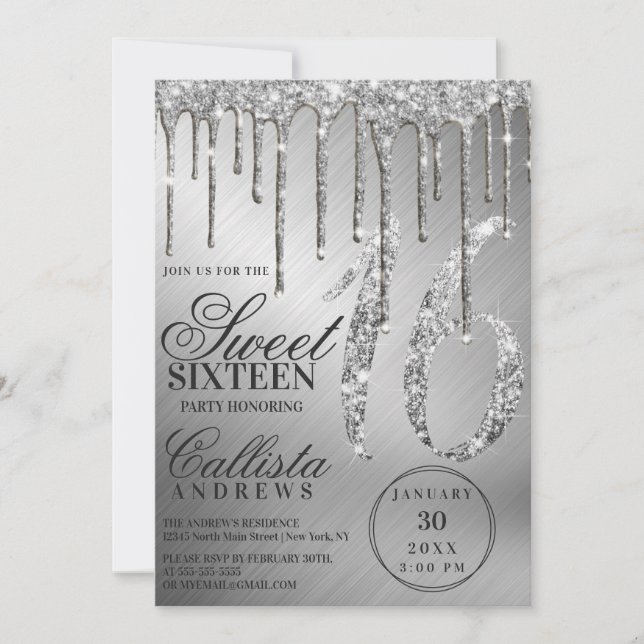Glam Silver Metallic Glitzer Tropfen Sweet 16 Einladung (Vorderseite)