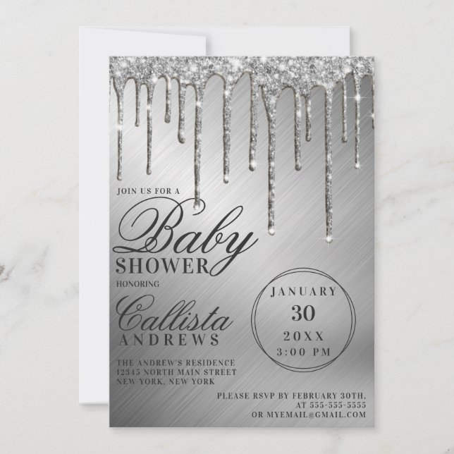 Glam Silver Metallic Glitzer Tropfens Babydusche Einladung (Vorderseite)