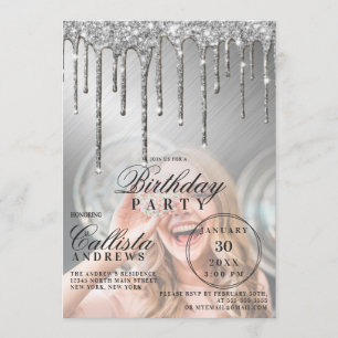 Glam Silver Metallic Glitzer Tropfens Foto Geburts Einladung