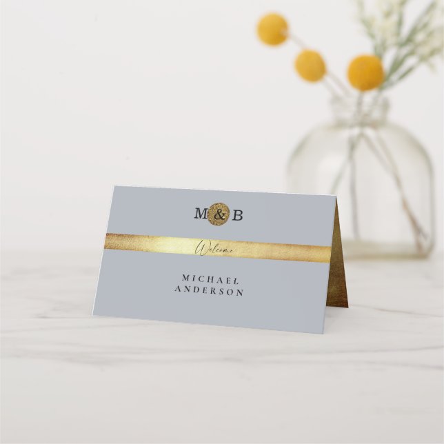 Glam Silver & Metallic Gold Monogram Wedding II Platzkarte (Vorderseite)