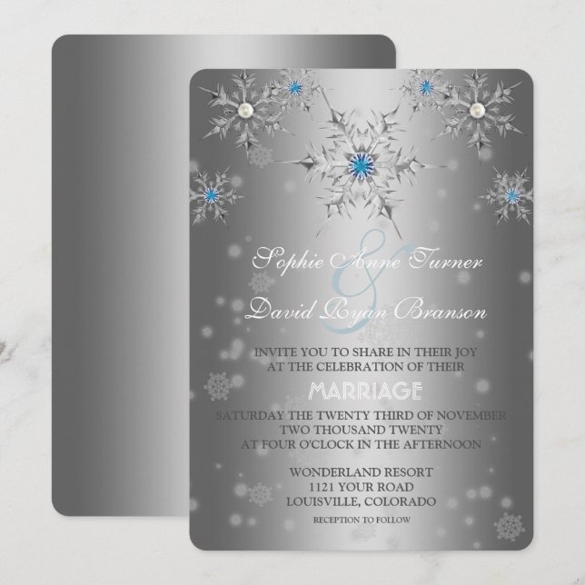 Glam Silver Snowflakes Crystal Blue Pearl Wedding Einladung (Vorne/Hinten)