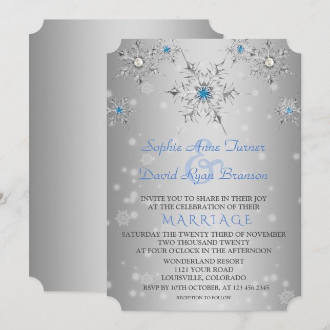 Glam Silver Snowflakes Crystal Blue Pearls Hochzei Einladung (Vorne/Hinten)