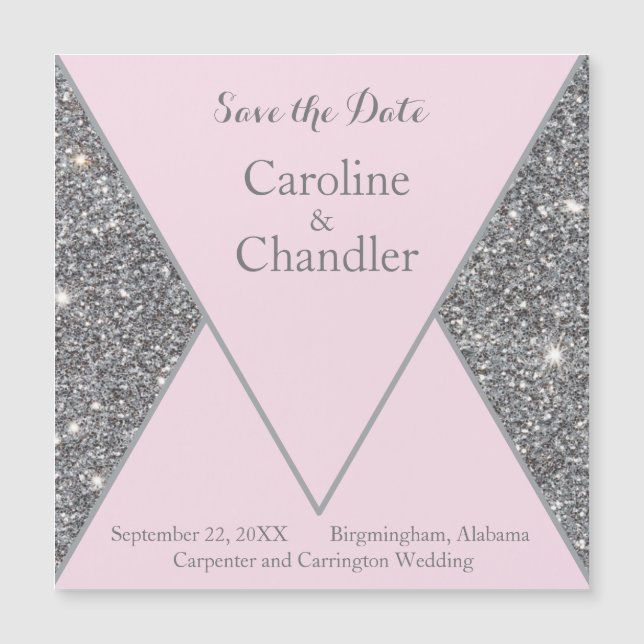 Glam Silver und Pink Glitzer Hochzeit Speichern Si Magnetkarte (Vorderseite)