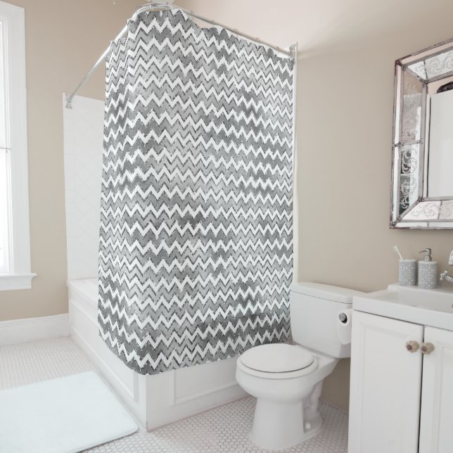 Glam Silver White Zigzag Streifen Duschvorhang (Beispiel)