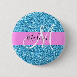 Glam Sky Blue Pink Glitzer Glitzern Name Monogram Button