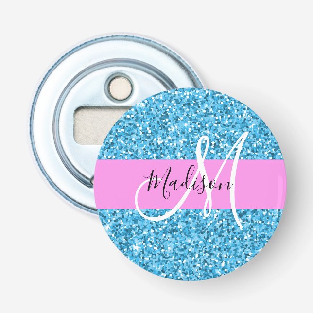 Glam Sky Blue Pink Glitzer Glitzern Name Monogram Flaschenöffner (Vorderseite)