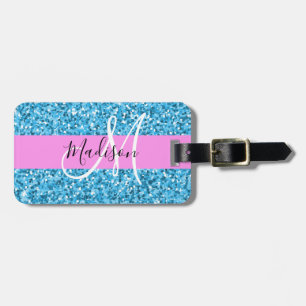 Glam Sky Blue Pink Glitzer Glitzern Name Monogram Gepäckanhänger