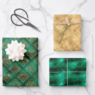 Glam Smaragd Gold Damast Fächer Schimmer Geschenkpapier Set
