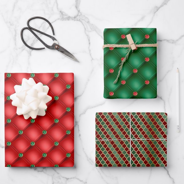 Glam Smaragdgrün-Rot-Muster-Sortiment Geschenkpapier Set (Vorderseite)