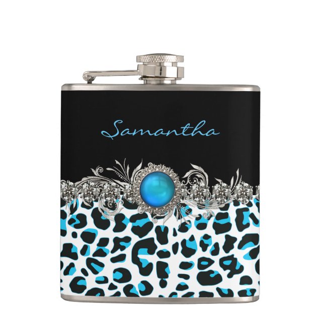 Glam Snow Leopard Print Custom Flask Flachmann (Vorderseite)