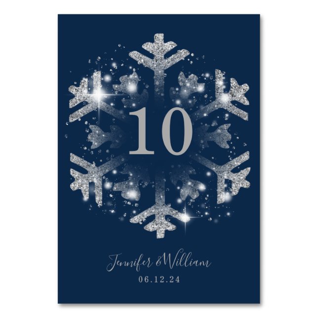 Glam Snowflake Xmas Hochzeit Silver Navy Tischnummer (Vorderseite)
