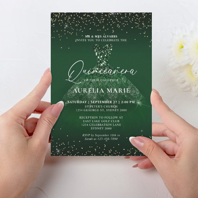 Glam Sparkle Gold Green Princess Dress Quinceanera Einladung (Von Creator hochgeladen)