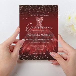 Glam Sparkle Gold Red Princess Dress Quinceanera Einladung