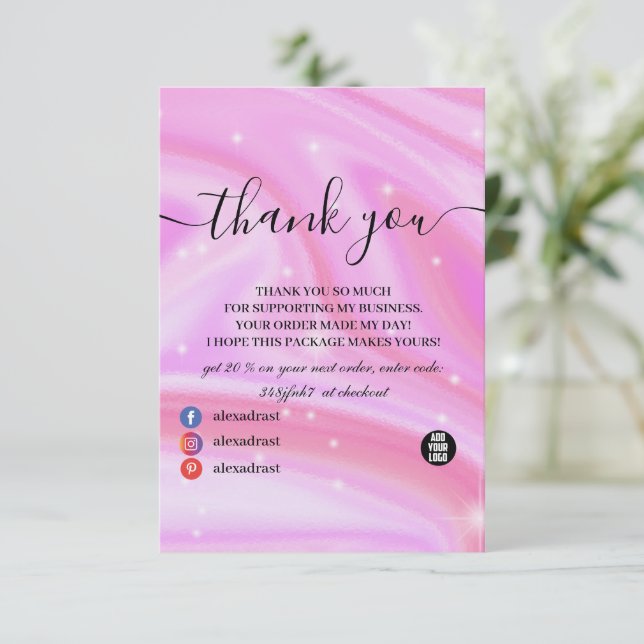 Glam Sparkle Holographic Pink Dankeskarte (Stehend Vorderseite)