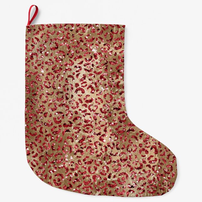 Glam Sparkle Red Glitzer Gold Leopard Print Großer Weihnachtsstrumpf (Vorderseite)