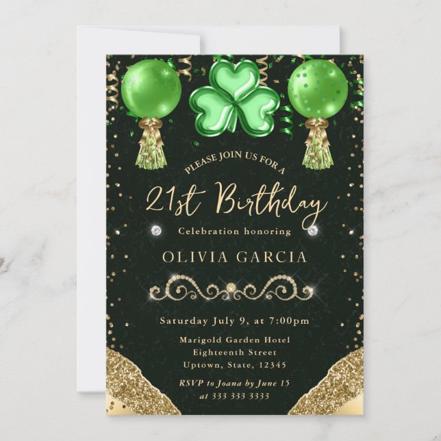 Glam St Patrick's Balloons 21. Geburtstag Einladung (Vorderseite)
