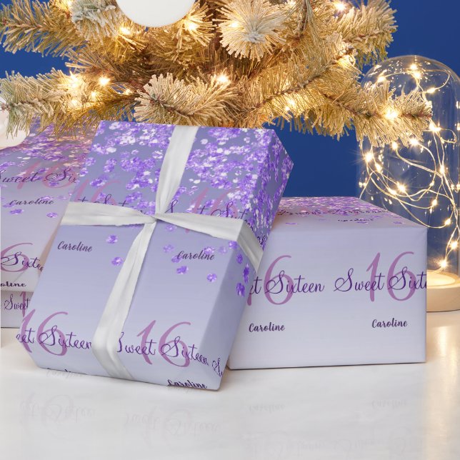 Glam Sweet 16 Fallender Lila Glitzer Geschenkpapier (Feiertage)