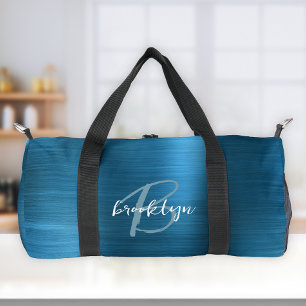 Glam Teal Blau Gebürstetes Metall Weiß Monogramm  Duffle Bag