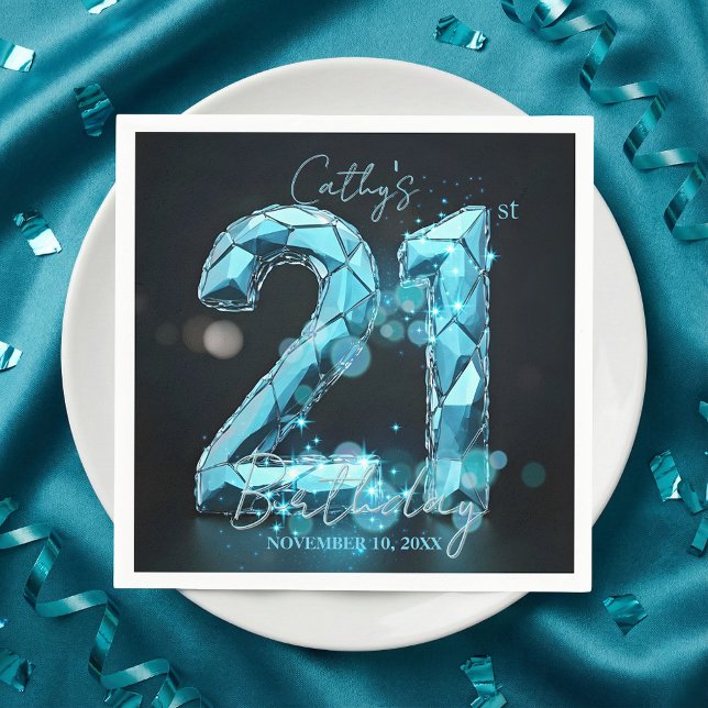 Glam Teal Blue Faceted Crystal 21st Birthday Party Serviette (Von Creator hochgeladen)