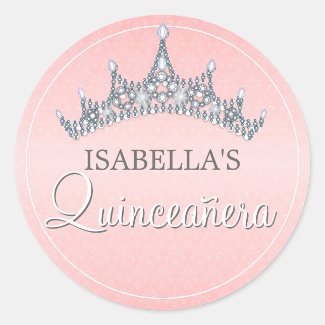 Glam Tiara Quinceanera Feier Einladung Runder Aufkleber (Vorderseite)