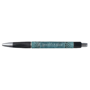 Glam Türkis Aquamarin Blue Leopard Print Glitzer Kugelschreiber